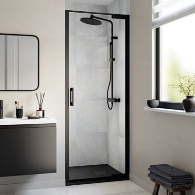 Porte de douche pivotante l.80 x H.195 cm, verre transparent, profilés noir, GoodHome Evanna
