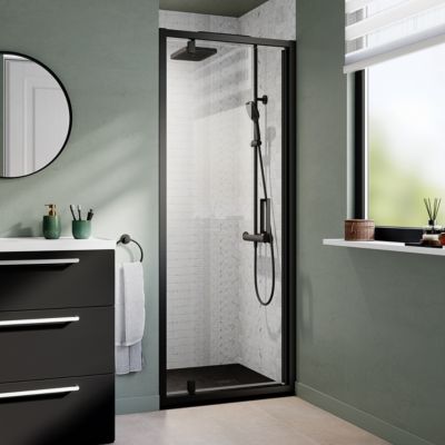 Porte de douche pivotante l.80 x H.195 cm, verre transparent, profilés noir, GoodHome Ledava