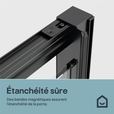 Porte de douche pivotante l.80 x H.195 cm, verre transparent, profilés noir, GoodHome Ledava