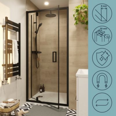 Porte de douche pivotante l.80 x H.195 cm, verre transparent, profilés noir, GoodHome Ledava