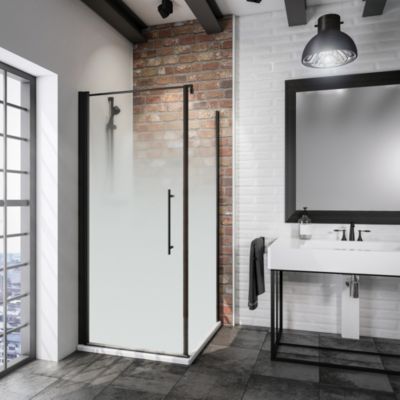 Porte de douche pivotante l.80 x L.80 x H.190 cm, cadre noir et verre brumé, Schulte Newstyle