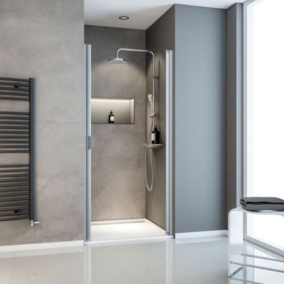 Porte de douche pivotante l.90 x H.180 cm, verre transparent, profilé blanc, Schulte Sunny I