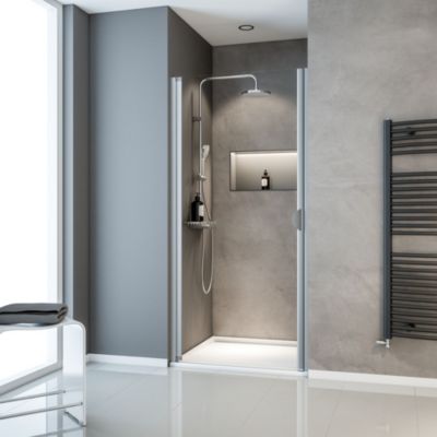 Porte de douche pivotante l.90 x H.180 cm, verre transparent, profilé blanc, Schulte Sunny I