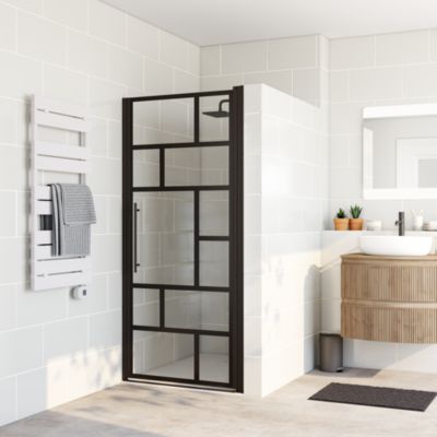 Porte de douche pivotante l.90 x H.192 cm, verre anticalcaire, décor Atelier style verrière, profilé noir mat, Schulte NewStyle