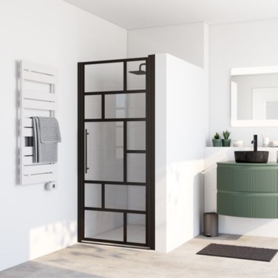 Porte de douche pivotante l.90 x H.192 cm, verre anticalcaire, décor Atelier style verrière, profilé noir mat, Schulte NewStyle