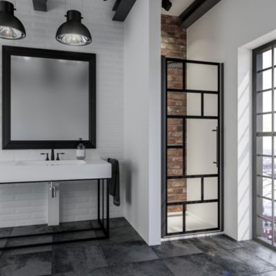 Porte de douche pivotante l.90 x H.192 cm, verre anticalcaire, décor Atelier style verrière, profilé noir mat, Schulte NewStyle
