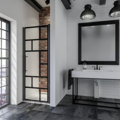 Porte de douche pivotante l.90 x H.192 cm, verre anticalcaire, décor Atelier style verrière, profilé noir mat, Schulte NewStyle