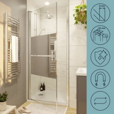 Porte de douche pivotante l.90 x H.195 cm, bandes miroir, profilés aluminium chrome, GoodHome Ledava