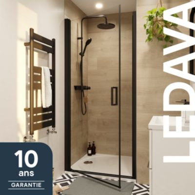 Porte de douche pivotante l.90 x H.195 cm, verre transparent, profilés aluminium noir, GoodHome Ledava