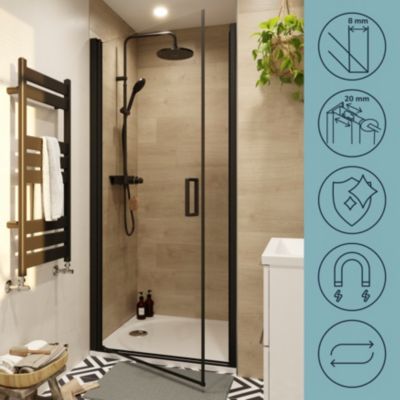 Porte de douche pivotante l.90 x H.195 cm, verre transparent, profilés aluminium noir, GoodHome Ledava
