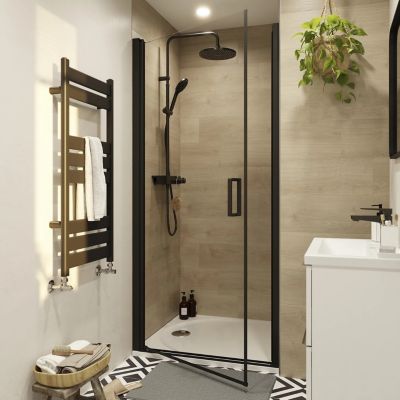 Porte de douche pivotante l.90 x H.195 cm, verre transparent, profilés aluminium noir, GoodHome Ledava