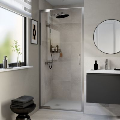 Porte de douche pivotante l.90 x H.195 cm, verre transparent, profilés chromé, GoodHome Evanna
