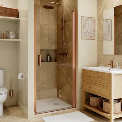 Porte de douche pivotante l.90 x H.195 cm, verre transparent, profilés cuivre, GoodHome Ledava