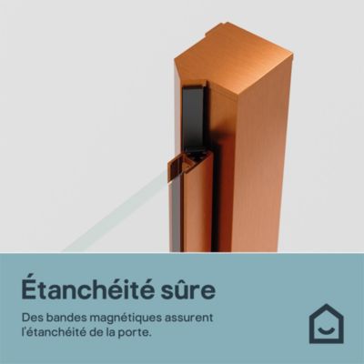 Porte de douche pivotante l.90 x H.195 cm, verre transparent, profilés cuivre, GoodHome Ledava
