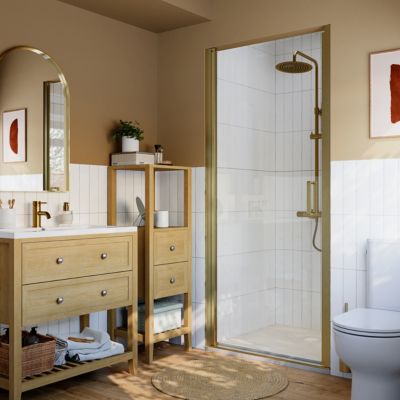 Porte de douche pivotante l.90 x H.195 cm, verre transparent, profilés doré, GoodHome Ledava