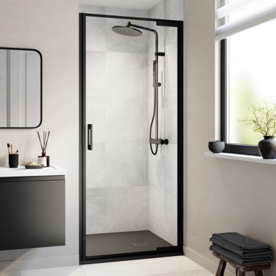 Porte de douche pivotante l.90 x H.195 cm, verre transparent, profilés noir, GoodHome Evanna