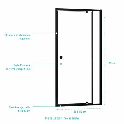 Porte de douche Pivotante Noir 70-80x185cm - Extensible de 69 à 80 cm - BLACK SLIDE 70 80