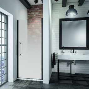 Porte de douche pivotante ouverture gauche l.80 x H.192 cm, verre transparent, décor Brume, verre transparent, profilé noir mat, Schulte NewStyle