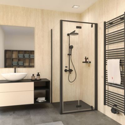 Porte de douche pivotante pliante avec paroi latérale gauche 90 x 200 cm, verre anticalcaire, profilé noir, Schulte Impériale Trend