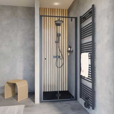 Porte de douche pivotante pliante en niche gauche 80 x 200 cm, verre anticalcaire, profilé noir, Schulte Impériale Trend