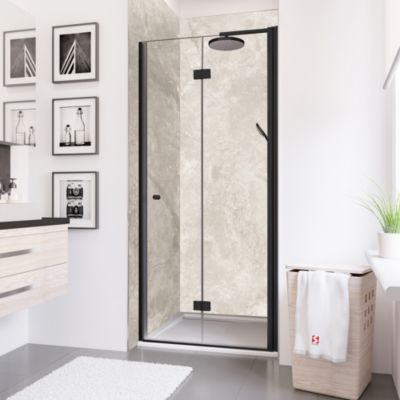 Porte de douche pivotante-pliante l.80 x H.192 cm, verre transparent anticalcaire, profilé noir mat, Schulte NewStyle