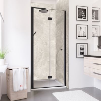 Porte de douche pivotante-pliante l.80 x H.192 cm, verre transparent anticalcaire, profilé noir mat, Schulte NewStyle