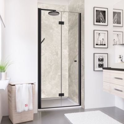 Porte de douche pivotante pliante l.90 x H.192 cm, verre transparent, profilés noir, Schulte