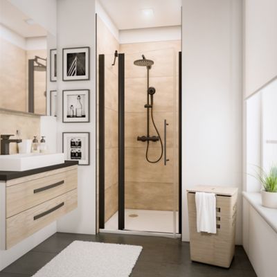 Porte de douche pivotante sur élément fixe l.90 x H.192 cm, verre transparent anticalcaire, profilé noir mat, Schulte NewStyle