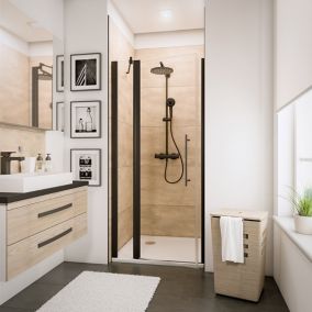Porte de douche pivotante sur élément fixe l.90 x H.192 cm, verre transparent anticalcaire, profilé noir mat, Schulte NewStyle