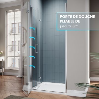 Porte de Douche Pliante 76x195cm SIRHONA Salle de Bains+ Verre Transparent 6mm+ Argent Brillant