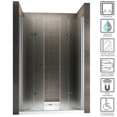 Porte de douche pliante EMMY H.185 largeur réglable 72 à 76 cm verre opaque - Saniverre