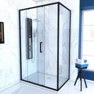 Porte de douche + Retour 100x80x200 cm - Verre 6 mm - Profilé Noir - CRUSH