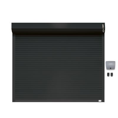 Porte de garage motorisée enroulable aluminium Ambre gris H.200 x L.253,2 cm avec hublots Protecta