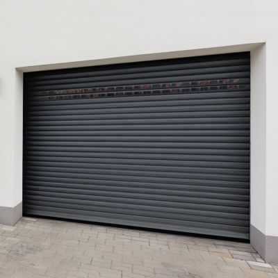 Porte de garage motorisée enroulable aluminium Ambre gris H.200 x L.253,2 cm avec hublots Protecta