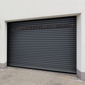 Porte de garage motorisée enroulable aluminium Ambre gris H.200 x L.253,2 cm avec hublots Protecta