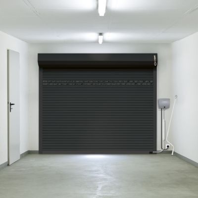 Porte de garage motorisée enroulable aluminium Ambre gris H.200 x L.300 cm avec hublots Protecta