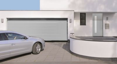Porte de garage sectionnelle acier EcoStar WoodGrain blanc aluminium RAL 9006 - l.237,5 x h.212,5 cm - motorisée