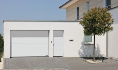 Porte de garage sectionnelle acier Hormann SandGrain blanc trafic RAL 9016 - l.237,5 x h.212,5 cm - motorisée