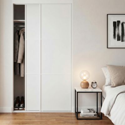 Porte de placard coulissante 3 panneaux blanc polaire mat profil aluminium blanc GoodHome Arius H.248,5 x L.61,5 cm + amortisseurs