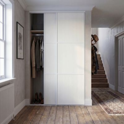 Porte de placard coulissante 3 panneaux blanc profil fin acier blanc GoodHome Arius H.248,5 x L.77,2 cm + amortisseurs