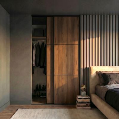 Porte de placard coulissante 3 panneaux effet noyer profil fin acier noir GoodHome Arius H.248,5 x L.62,2 cm + amortisseurs