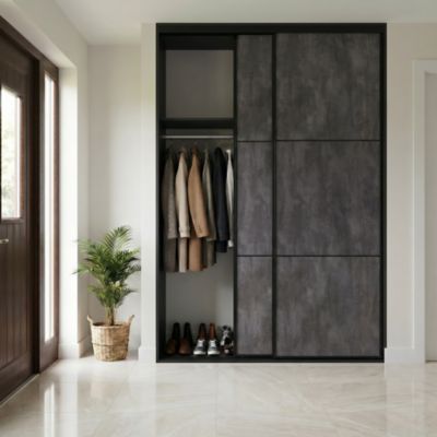 Porte de placard coulissante 3 panneaux effet pierre noire profil acier noir GoodHome Arius H.248,5 x L.62,2 cm + amortisseurs