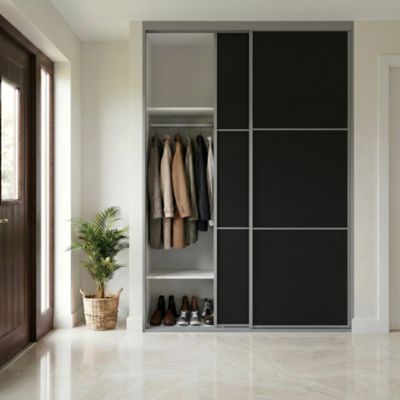 Porte de placard coulissante 3 panneaux noir mat profil acier gris GoodHome Arius H.248,5 x L.92,2 cm + amortisseurs