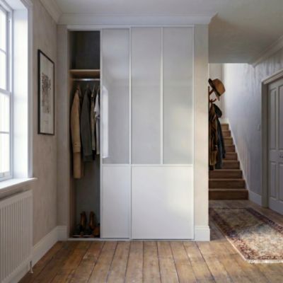 Porte de placard coulissante atelier blanc polaire mat profil fin acier blanc GoodHome Arius H.248,5 x L.91,2 cm + amortisseurs
