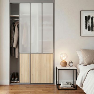 Porte de placard coulissante atelier effet acacia nature profil fin acier gris GoodHome Arius H.248,5 x L.91,2 cm + amortisseurs