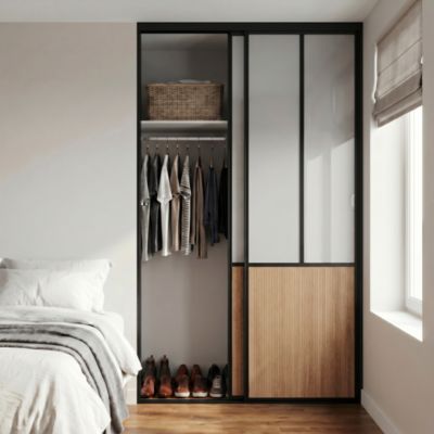 Porte de placard coulissante atelier effet bois côtelé profil fin acier noir GoodHome Arius H.248,5 x L.91,2 cm + amortisseurs