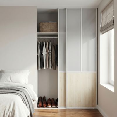 Porte de placard coulissante atelier effet bois nordique profil aluminium blanc GoodHome Arius H.248,5 x L.76,5 cm + amortisseurs