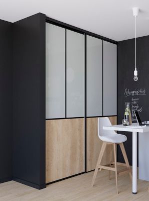 Porte de placard coulissante atelier effet chêne brut profil noir GoodHome Arius H. 248,5 x L. 91.2 cm + amortisseurs