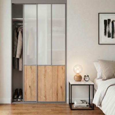 Porte de placard coulissante atelier effet chêne miel profil fin acier gris GoodHome Arius H.248,5 x L.61,2 cm + amortisseurs