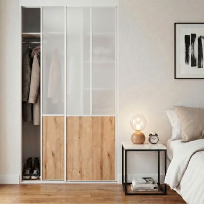Porte de placard coulissante atelier effet chêne profil fin acier blanc GoodHome Arius H.248,5 x L.76,2 cm + amortisseurs